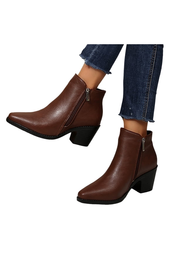 Ankle Boots for Women Casual Leather Pointed Toe Zip up Dress Booties Stacked Mid Heel Vintage Short Chelsea Boots Gray Size 7