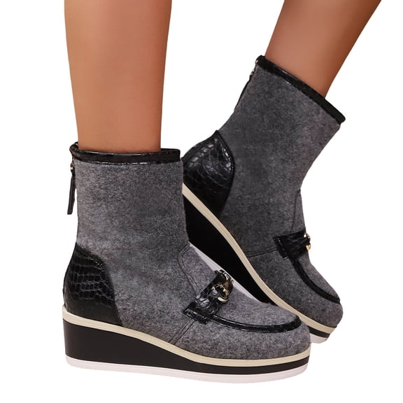 Ankle Boots for Women Casual Platform Wedge Heel Stretch High Top Booties Fashion Splice Suede Leather Back Zipper Short Boots Gray Size 7