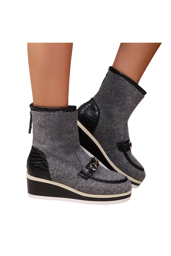Ankle Boots for Women Casual Platform Wedge Heel Stretch High Top Booties Fashion Splice Suede Leather Back Zipper Short Boots Gray Size 9