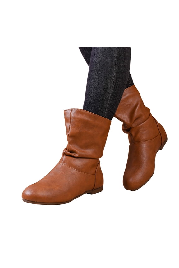 Ankle Boots for Women Casual Pull on Slouchy Leather Round Toe Flat Booties Fashion Wide Calf Winter Short Boots