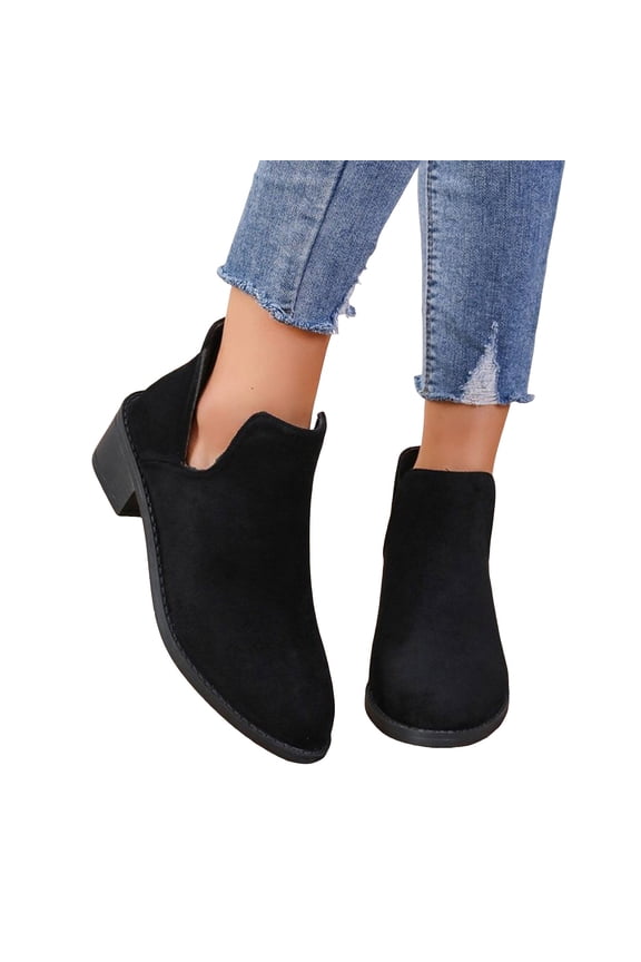 Ankle Boots for Women Casual V Cut Suede Pointed Toe Slip on Dress Booties Chunky Heel Fall Winter Short Chelsea Boots Black Size 7.5