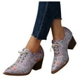 thumbnail image 1 of Ankle Boots for Women Chunky Heel Vintage Slip on Lace up Short Booties Pointed Toe Embroidery Retro Dress Shoes, 1 of 9