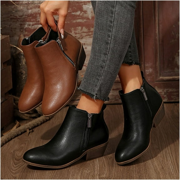 Ankle Boots for Women Chunky Low Heel Round Toe Side Zipper Booties Women's Trendy Casual Outdoor Comfortable Warm Fall Winter Shoes Brown 9