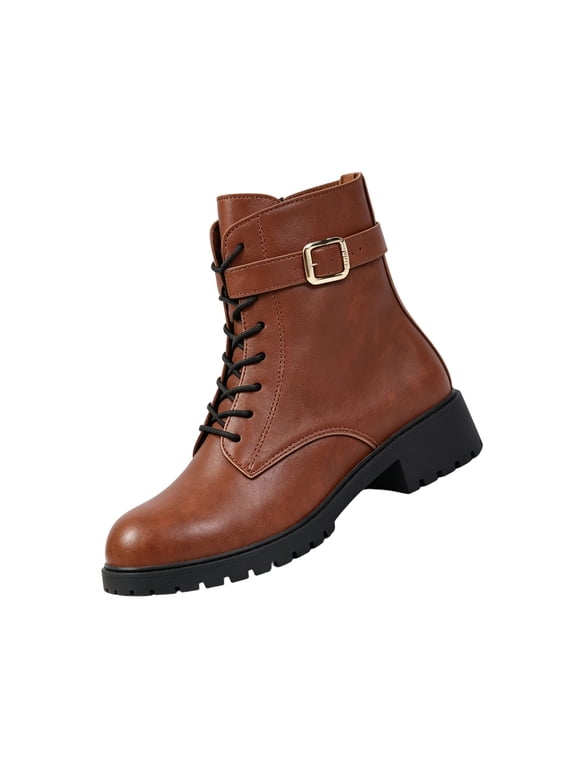 Ankle Boots for Women Combat Style Lace Up Lug Sole Side Zipper Buckle Booties 35