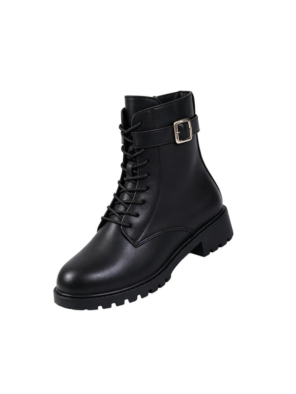Ankle Boots for Women Combat Style Lace Up Lug Sole Side Zipper Buckle Booties 35