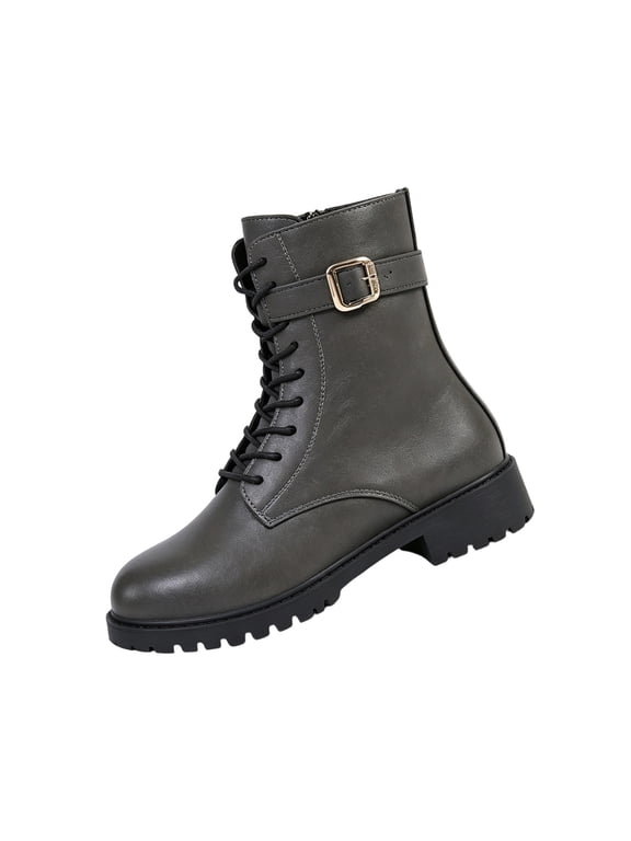 Ankle Boots for Women Combat Style Lace Up Lug Sole Side Zipper Buckle Booties 36