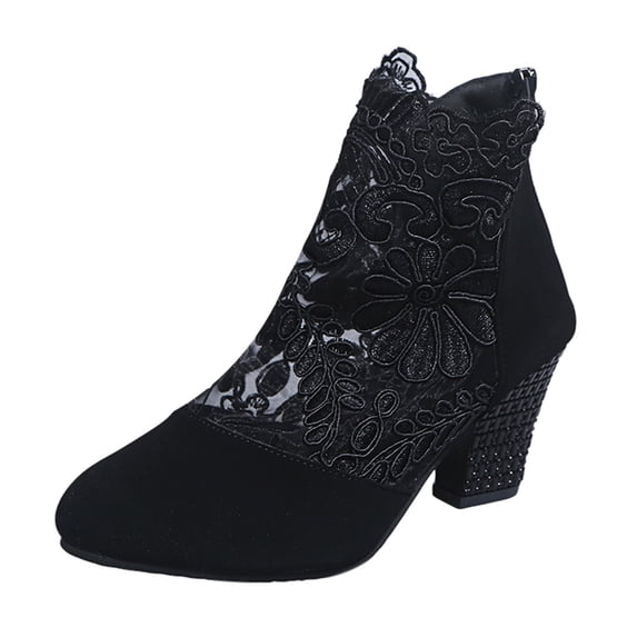 Ankle Boots for Women Short Boots Sheer Lace and Suede Chunky Block Mid Heel Back Zipper Lace Mesh Boots