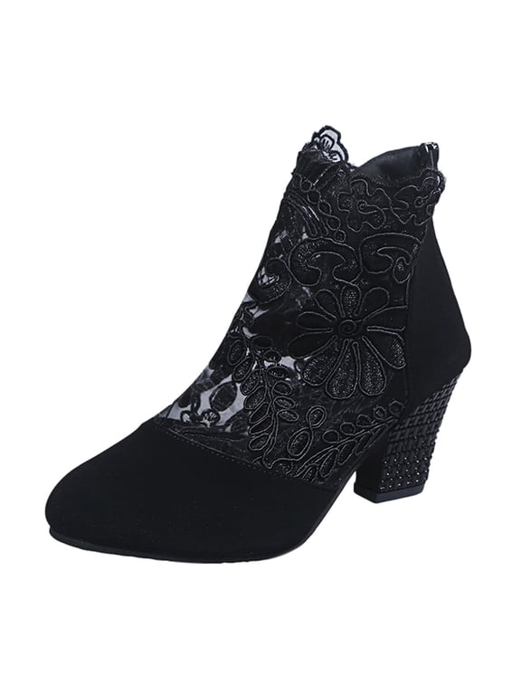 Ankle Boots for Women Short Boots Sheer Lace and Suede Chunky Block Mid Heel Back Zipper Lace Mesh Boots