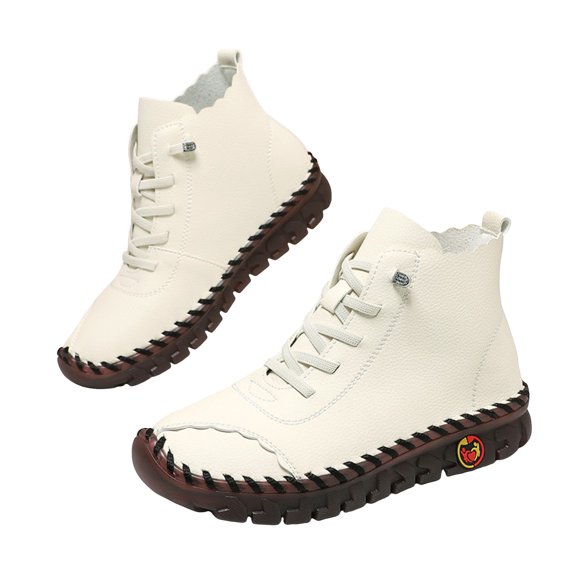 Ankle Boots for Women Fashion Stitching Leather Soft Sole Antislip Lace up Fall Booties Casual Round Toe Walking Shoes White Size 6