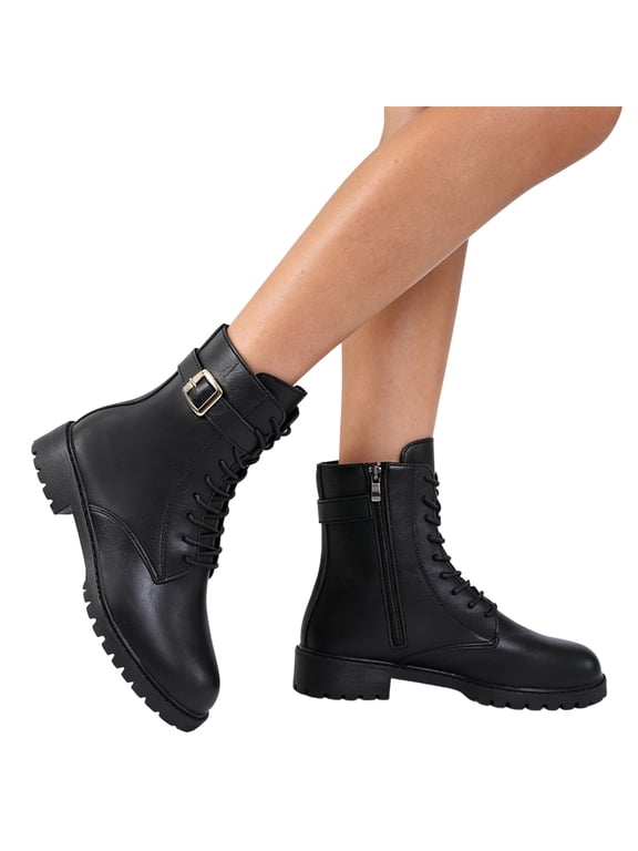 Ankle Boots for Women, Lace Up Combat Booties with Side Zipper Belt Buckle, Chunky Low Heel Round Toe Comfortable Casual Fashion Shoes