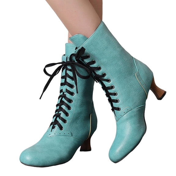 Ankle Boots for Women Lace up Round Toe Kitten Heel 70s Witch Booties Vintage Leather Fall Winter Mid Calf Dress Boots Mint Green Size 6