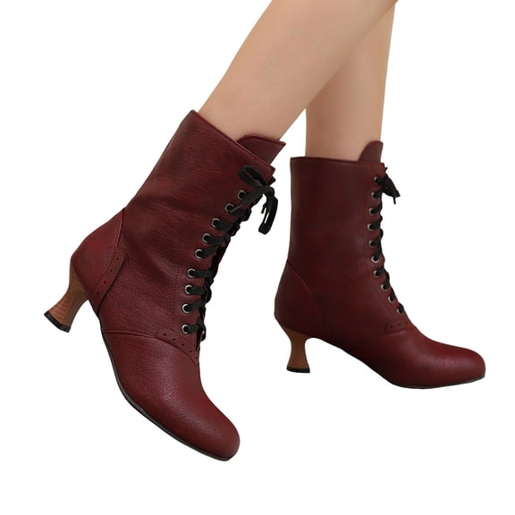 Ankle Boots for Women Lace up Round Toe Kitten Heel 70s Witch Booties Vintage Leather Fall Winter Mid Calf Dress Boots Wine Size 10.5