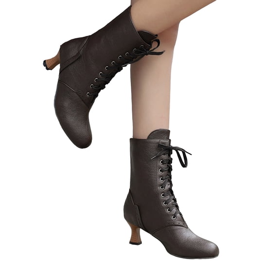 Ankle Boots for Women Lace up Round Toe Kitten Heel 70s Witch Booties Vintage Leather Fall Winter Mid Calf Dress Boots Brown Size 9