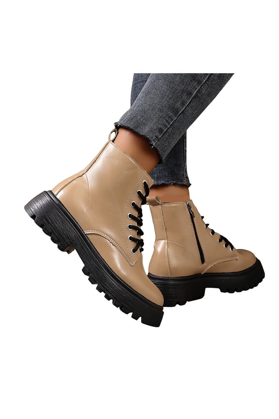 Ankle Boots for Women Lace up Zipper Casual Round Toe Leather Platform Lug Sole Chunky Heel High Top Vintage Riding Booties Khaki Size 9