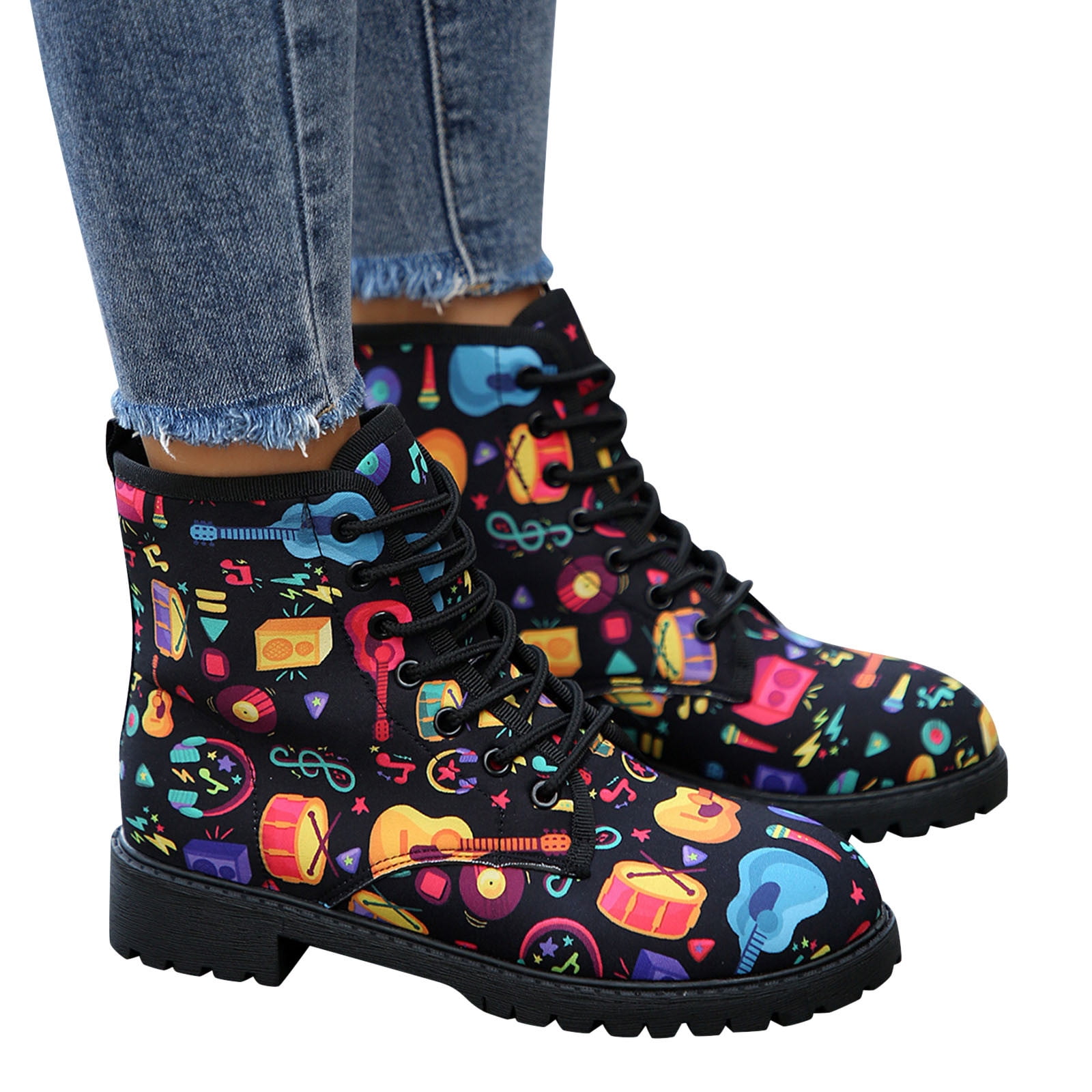 Ankle Boots for Women Ladies Fashion Retro Christmas Print Leather Lace