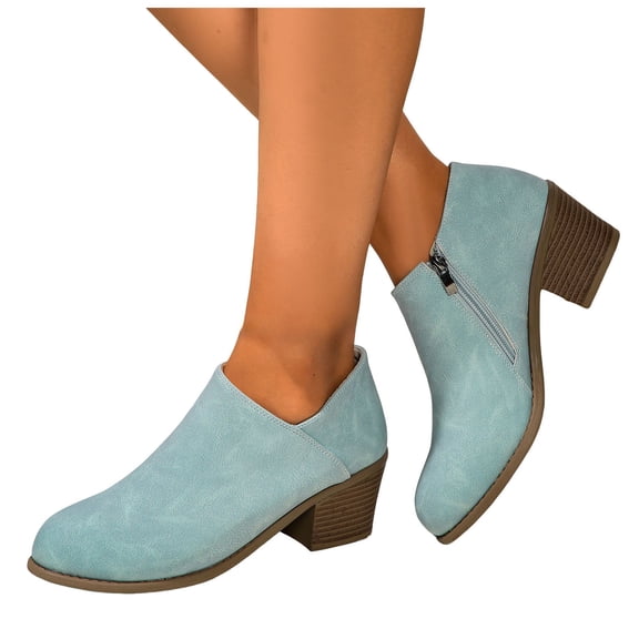 Ankle Boots for Women Low Top Zip up Retro Leather Chelsea Booties Pointed Toe Stacked Mid Heel Dress Boots Blue Size 7