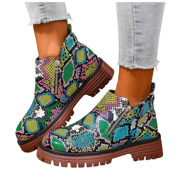 Ankle Boots for Women Lug Sole Chunky Heel Snakeskin Print Leather Zipper Short Fall Booties Casual Round Toe Slip on Loafers
