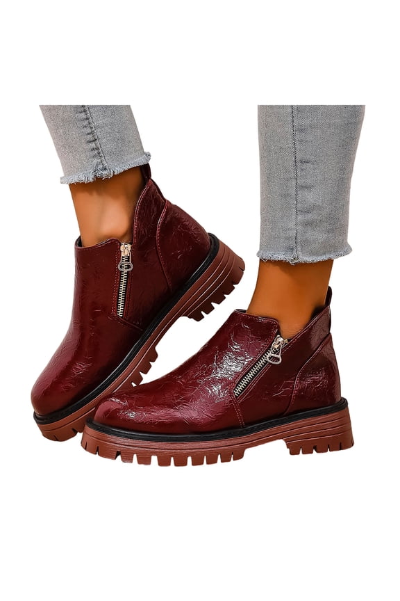 Ankle Boots for Women Lug Sole Chunky Heel Vintage Leather Zipper Short Fall Booties Casual Round Toe Slip on Loafers