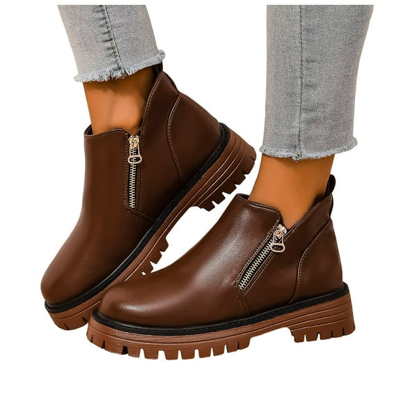 Ankle Boots for Women Lug Sole Chunky Heel Vintage Leather Zipper Short Fall Booties Casual Round Toe Slip on Loafers