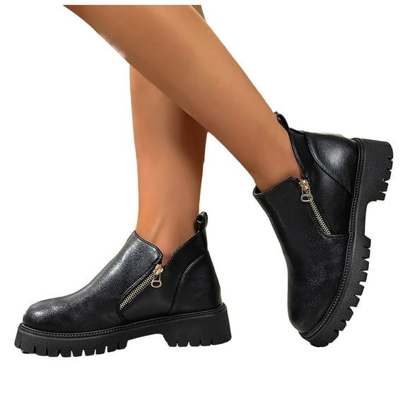 Ankle Boots for Women Lug Sole Chunky Heel Vintage Leather Zipper Short Fall Booties Casual Round Toe Slip on Loafers