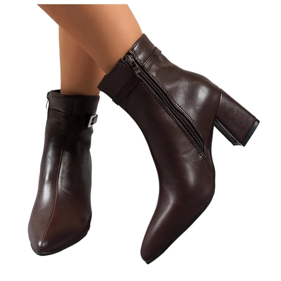 Ankle Boots for Women Mid Chunk Heel Side Zipper Leather Short Booties Casual Daily Fashion Pointed Toe Fall Winter Shoes Brown 6
