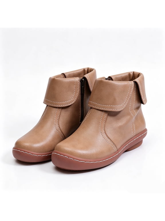 Ankle Boots for Women No Heel,New Arch Support Booties Side Zip-up Vintage Leather Damping Shoes Flat Heel Booties