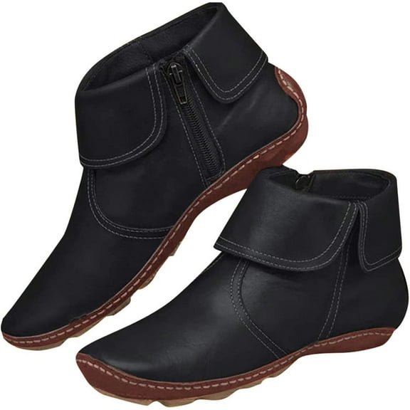 Ankle Boots for Women No Heel,New Arch Support Booties Side Zip-up Vintage Leather Damping Shoes Flat Heel Booties