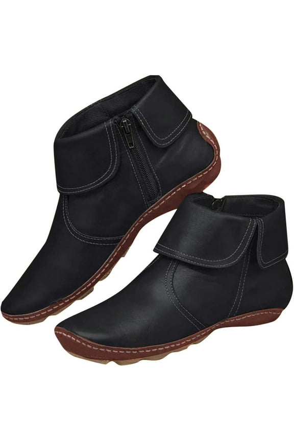 Ankle Boots for Women No Heel,New Arch Support Booties Side Zip-up Vintage Leather Damping Shoes Flat Heel Booties