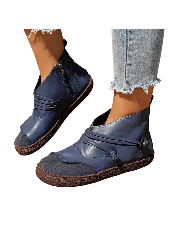 Ankle Boots for Women Retro Splice Zipper Short Fall Booties Lace up Round Toe Casual Moccasins Driving Walking Shoes