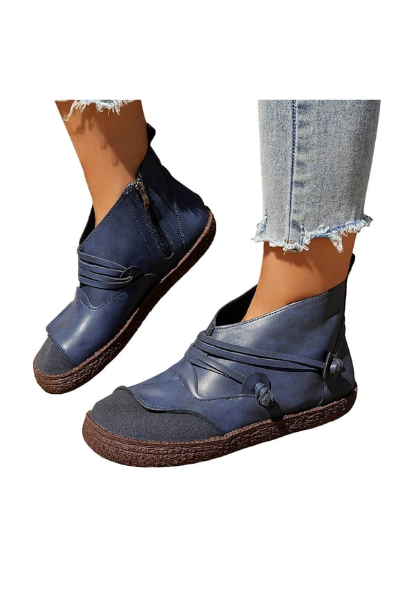 Ankle Boots for Women Retro Splice Zipper Short Fall Booties Lace up Round Toe Casual Moccasins Driving Walking Shoes