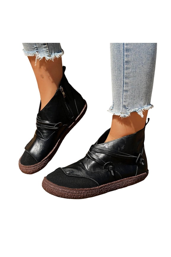 Ankle Boots for Women Retro Splice Zipper Short Fall Booties Lace up Round Toe Casual Moccasins Driving Walking Shoes
