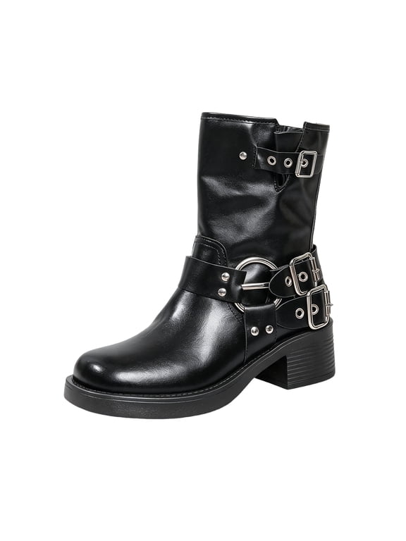 Ankle Boots for Women Round Toe Low Heel Womens Booties Buckle Straps Metal Studs O-Ring Detail Womens Shoes for Fall Winter