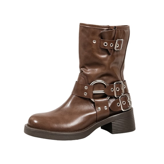 Ankle Boots for Women Round Toe Low Heel Womens Booties Buckle Straps Metal Studs O-Ring Detail Womens Shoes for Fall Winter