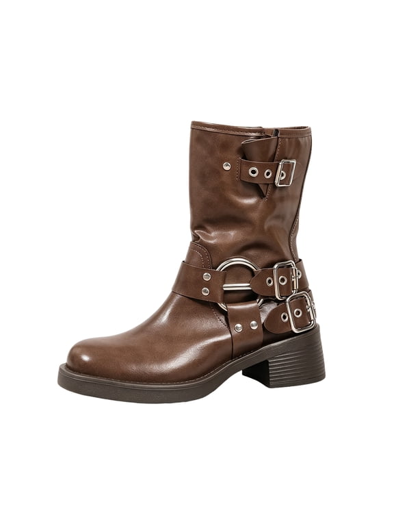 Ankle Boots for Women Round Toe Low Heel Womens Booties Buckle Straps Metal Studs O-Ring Detail Womens Shoes for Fall Winter