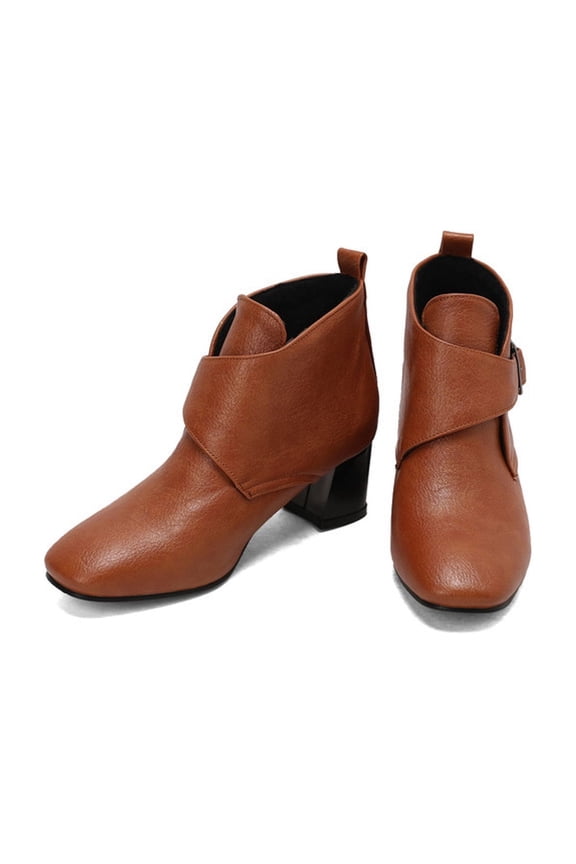 Ankle Boots for Women Round Toe Soft Splice Leather Buckle Ankle Strap Block Heel Dress Booties Fall Winter Casual Short Boots Brown Size 6.5