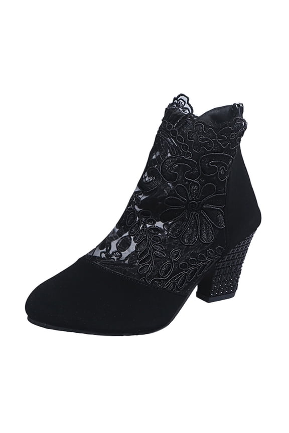 Women Mesh Zip Bootie Slip On Ankle Chunky Block Heel Open Peep Toe Lace Mid Heel Back Zipper Lace Mesh Boots