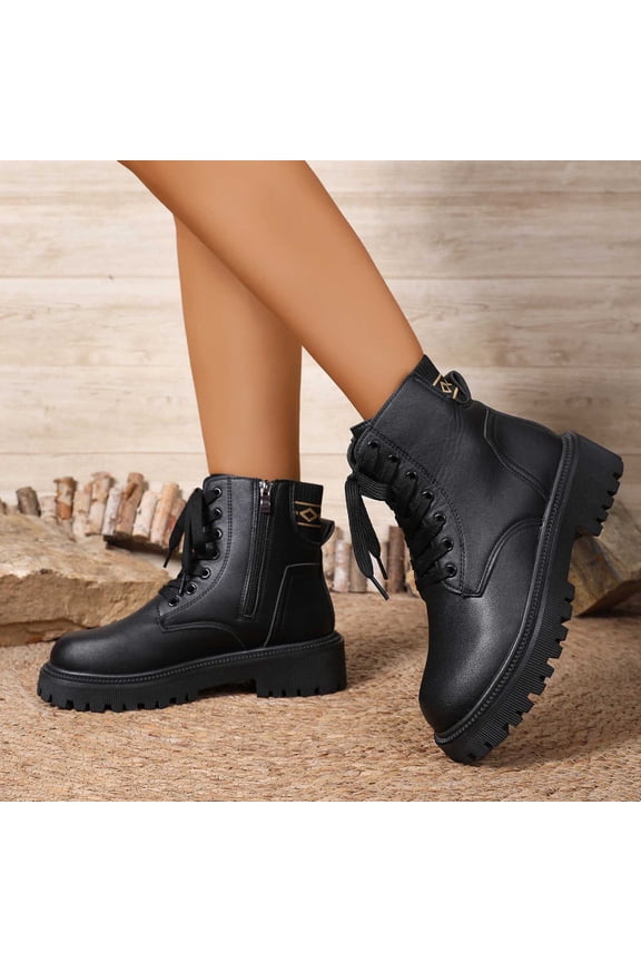 Ankle Boots for Women Side Zipper Lace up Booties Winter Combat Boot (Black 42)