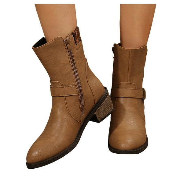 Ankle Boots for Women Splice Leather Stacked Heel Pointed Toe Zipper Wide Calf Stretch Knit Chelsea Booties