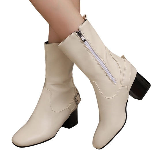 Ankle Boots for Women Square Toe Retro Leather Fall Winter Dress Short Booties Buckle Strap Zip up Chunky Block Heel Mid Calf Boots