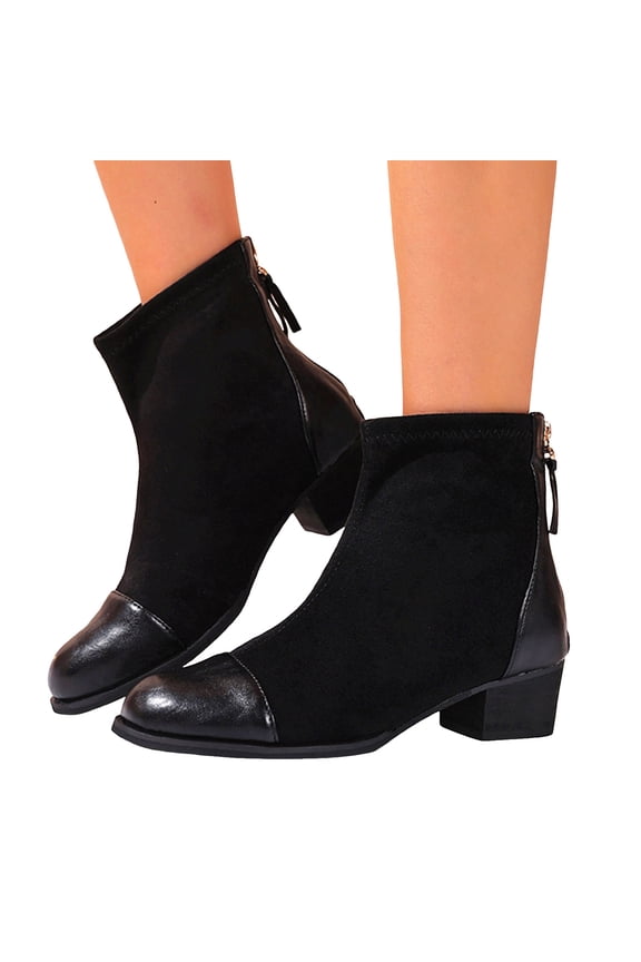 Ankle Boots for Women Stretch Suede Splice PU Leather Round Toe Chunky Heel Back Zipper Dressy Fall Booties