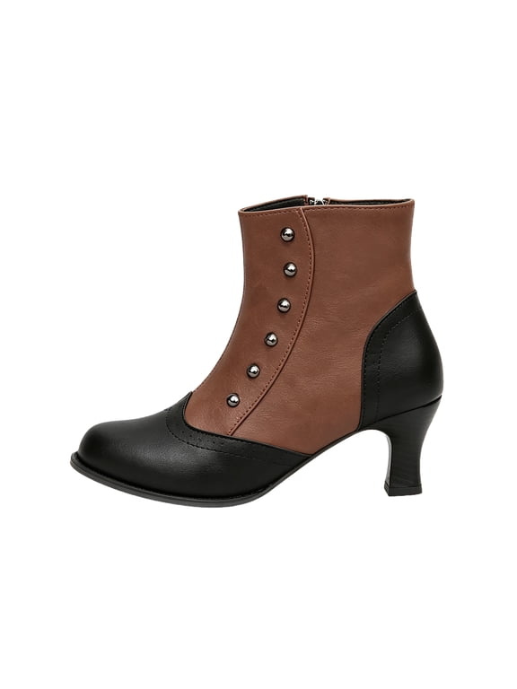 Ankle Boots for Women Vintage Button Decor Side Zipper Kitten Heel Round Toe Booties 37