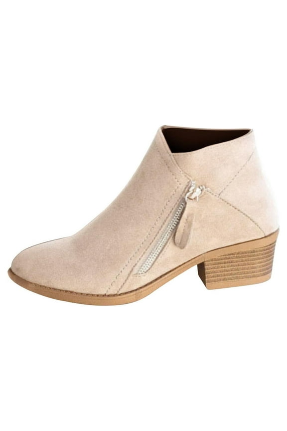 Ankle Boots for Women Vintage Women Slip On Boots Pointed Toe Round Thick Heel Short Shoes Suede Boots Beige 9.5