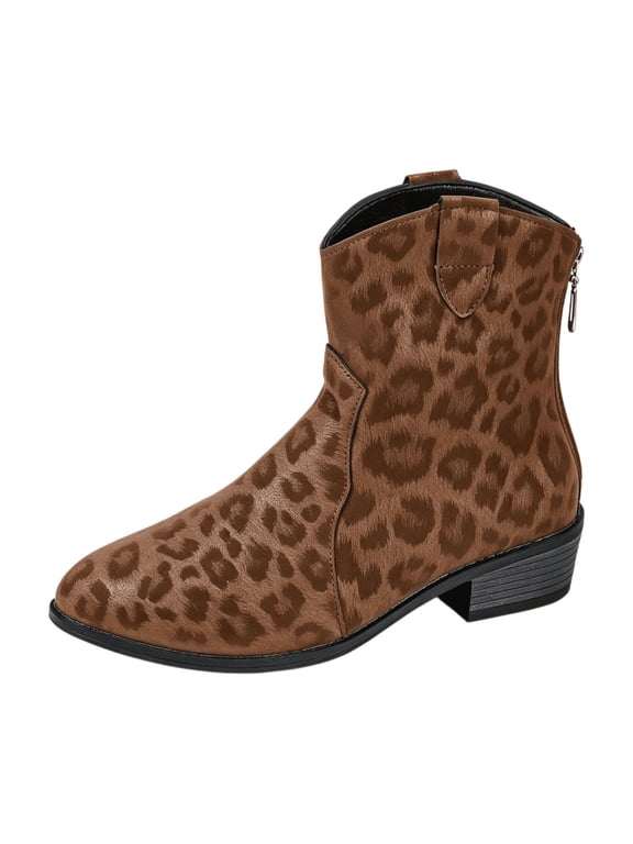 Ankle Boots for Women Western Cowboy Leopard Print Pointed Toe Low Block Heel Back Zip Booties 37