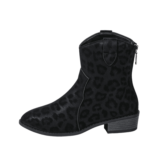 Ankle Boots for Women Western Cowboy Leopard Print Pointed Toe Low Block Heel Back Zip Booties 40