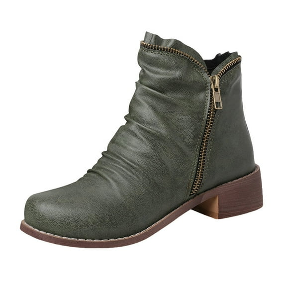 Ankle Boots for Women Zip Around Round Toe Chelsea Booties Retro Slouchy Casual Heeled Short Boots