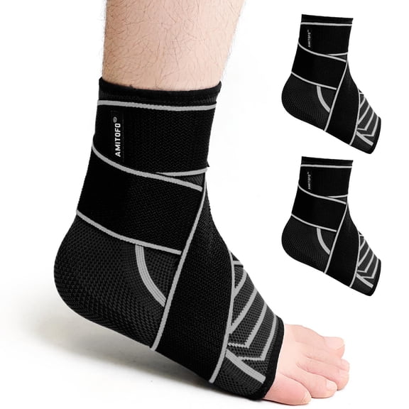 Ankle Brace, 2 Pcs UNEEI Ankle Support Wrap Compression Sleeve For Sprained Ankle - Foot Brace For Injured Foot For Women Men With Adjustable Bandage For Plantar Fasciitis Relief