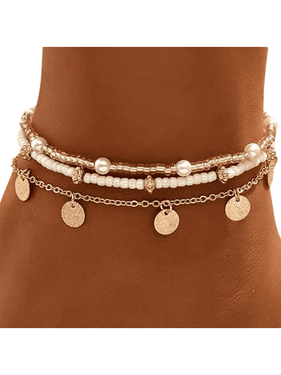 Shell Ankle Bracelet Set for Women Gold Plated, Boho Bead Adjustable Shell Ankle Bracelet Set with Pearl, Hawaiian Beach Foot Jewelry Gifts for Her