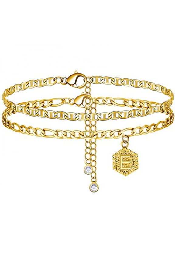 Ankle Bracelet for Women Initial Anklet, Double-Layer Cuban Link Gold Plated Anklets Bracelet, Custom Name A-Z Initial,20-27CM Adjustable,Personalized Retro Ankle Bracelet.
