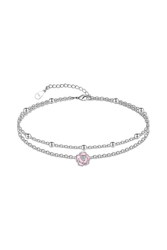 Ankle Bracelet for Women 925 Sterling Silver Pink Roses Ankle Dainty Layered Anklet Bracelet Boho Anklets Bracelet Beach Adjustable Anklets
