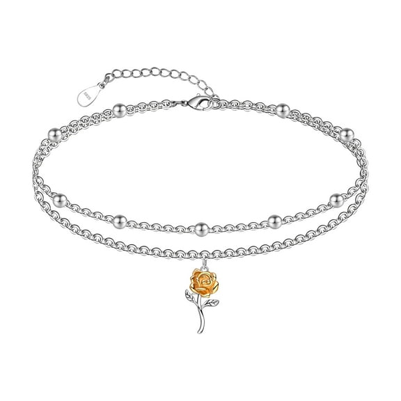 Ankle Bracelet for Women 925 Sterling Silver Roses Ankle Dainty Layered Anklet Bracelet Boho Anklets Bracelet Beach Adjustable Anklets